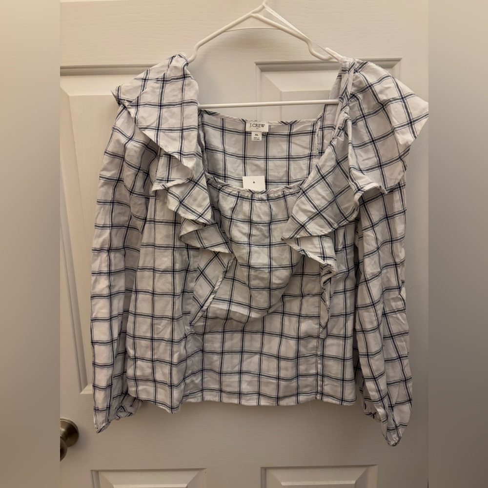 J. Crew White and Blue Plaid Blouse Size XL New